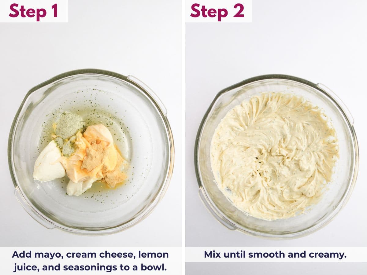 Ingredients for jalapeño popper chicken salad—mayonnaise, cream cheese, lemon juice, garlic powder, ranch seasoning, salt, and pepper—beaten together in a large mixing bowl until smooth and creamy