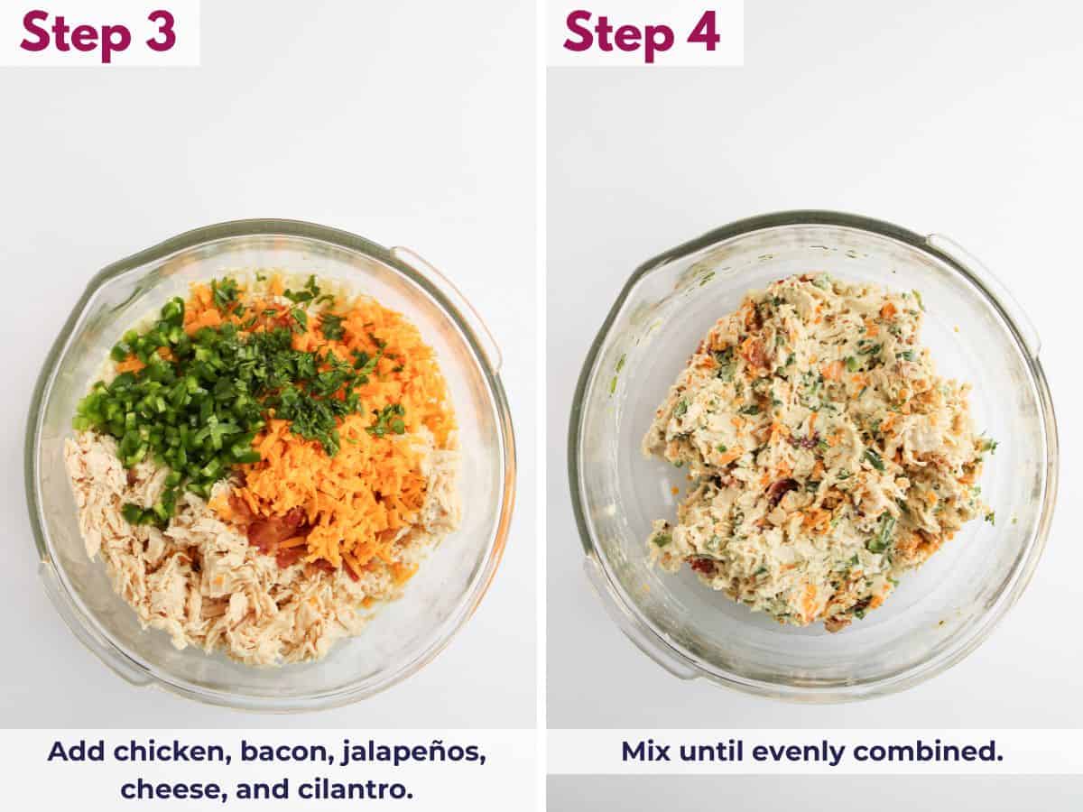 Chopped chicken, crumbled bacon, diced jalapeños, shredded cheddar, and chopped cilantro folded into creamy dressing until evenly combined