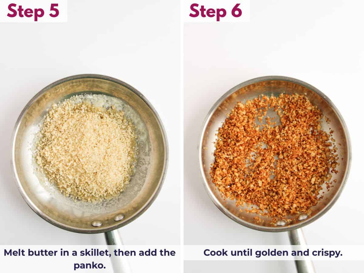 Panko crumbs being toasted in melted butter in a skillet until golden brown and crispy