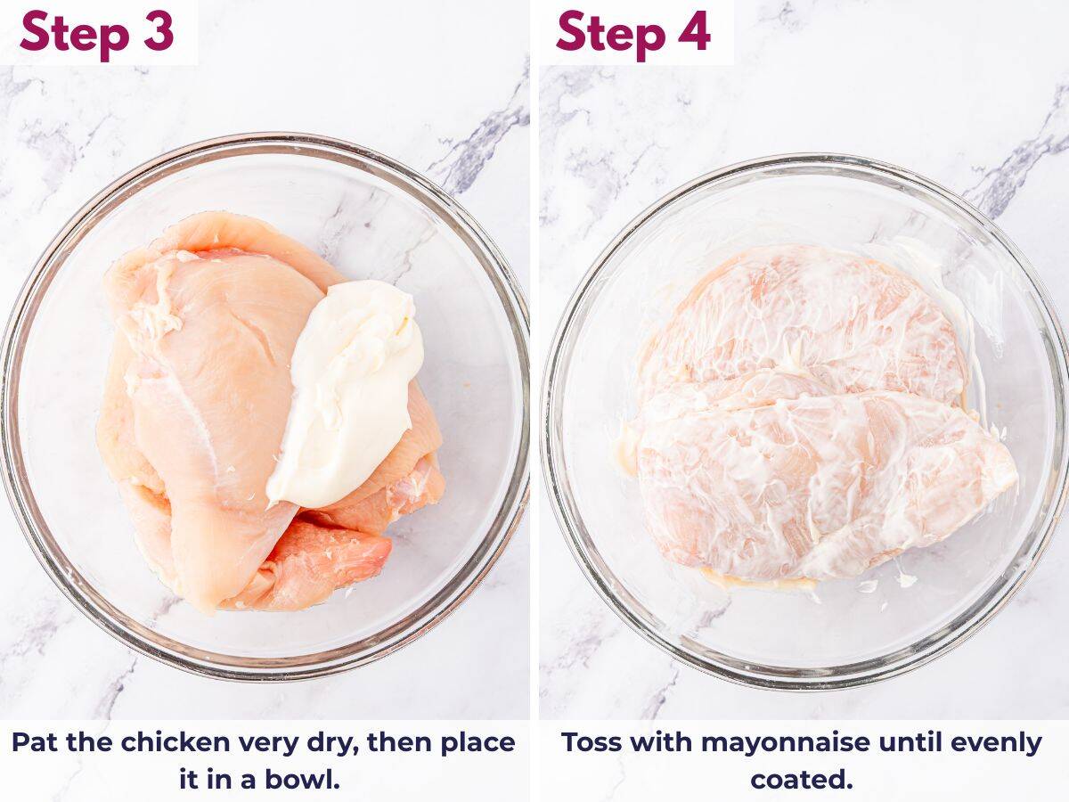 Chicken breast patted dry and coated with mayonnaise in a bowl