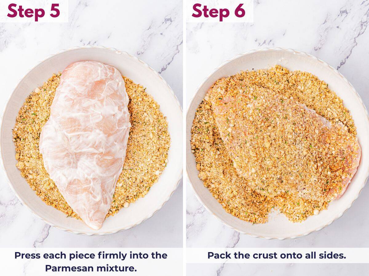 Chicken pressed into Parmesan mixture to coat all sides