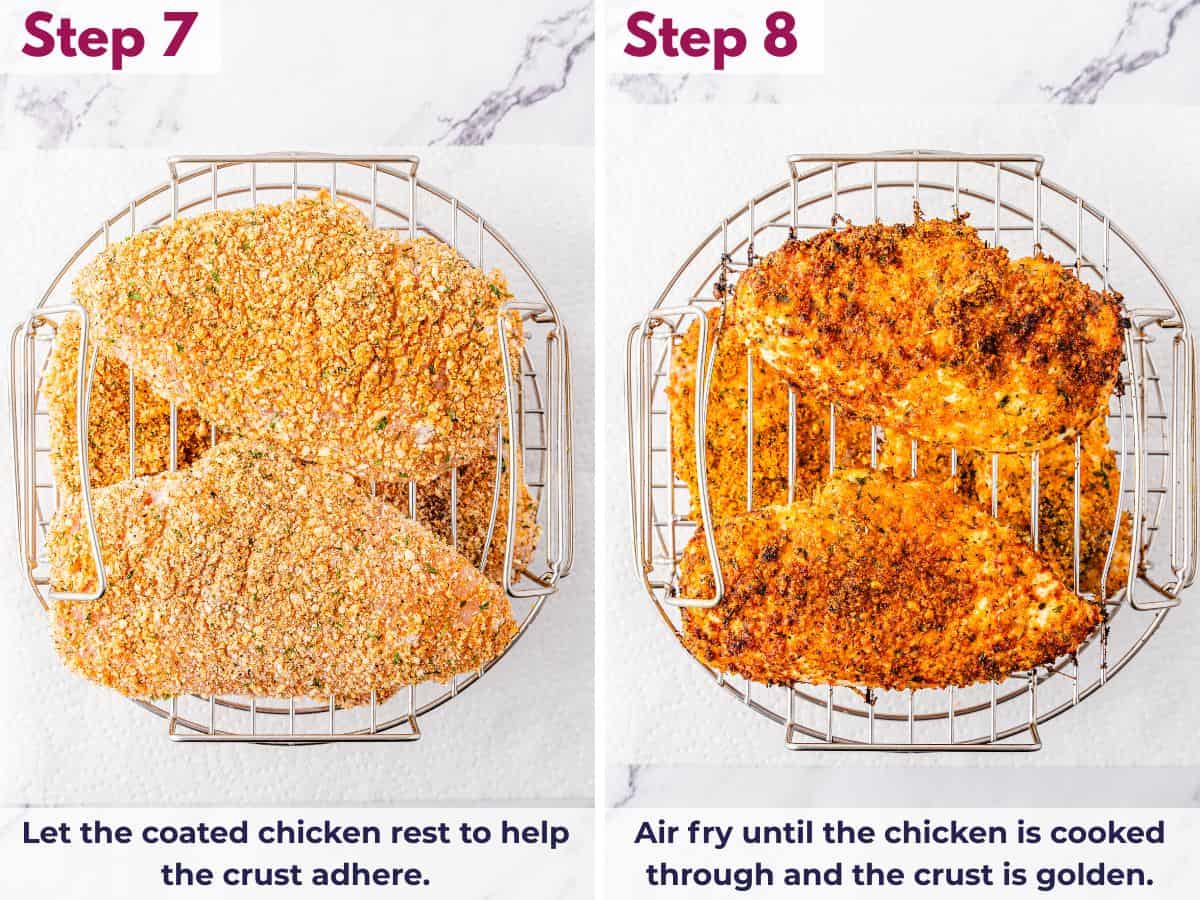 Parmesan crusted chicken arranged in air fryer basket and cooked until golden and crispy