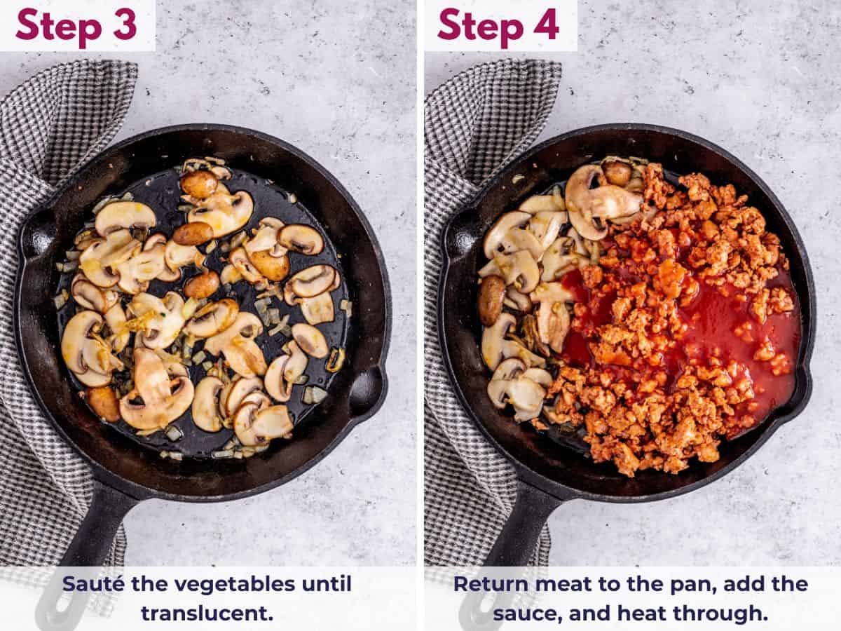 Sautéed vegetables in a pan, then Italian sausage added with tomato sauce, heating together