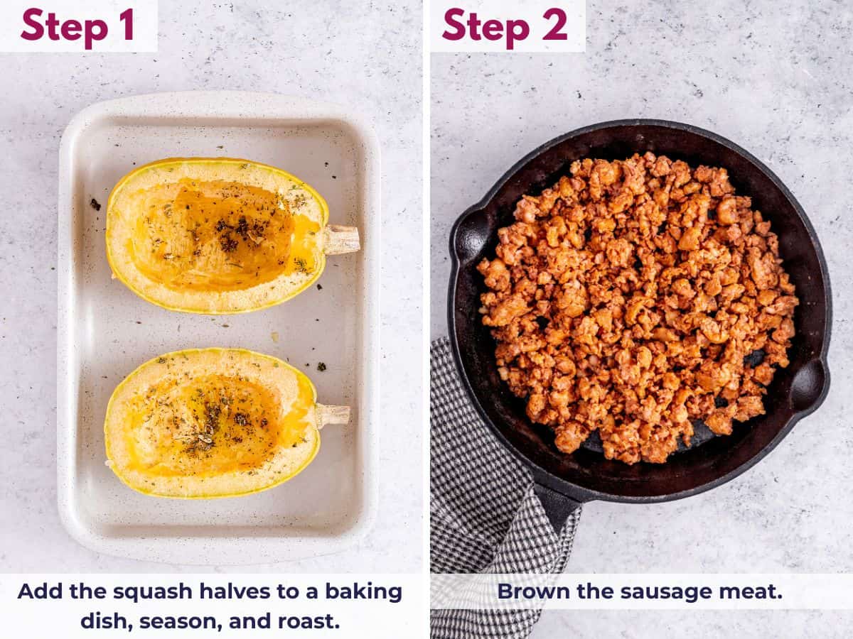 Spaghetti squash halves in a baking dish seasoned, with Italian sausage browning in a pan