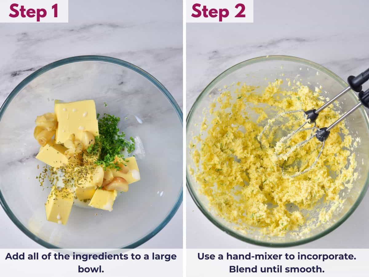mixing all the ingredients to make roasted garlic butter in a large bowl