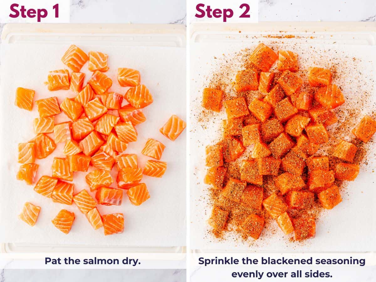Salmon fillets patted dry on a cutting board and evenly sprinkled with blackened seasoning