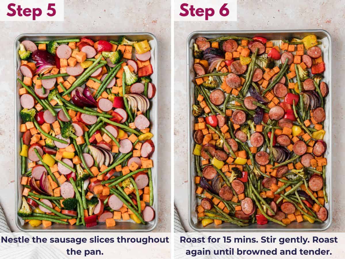 Sausage slices nestled among vegetables on sheet pan; Roasted sausage and vegetables stirred halfway until tender and browned