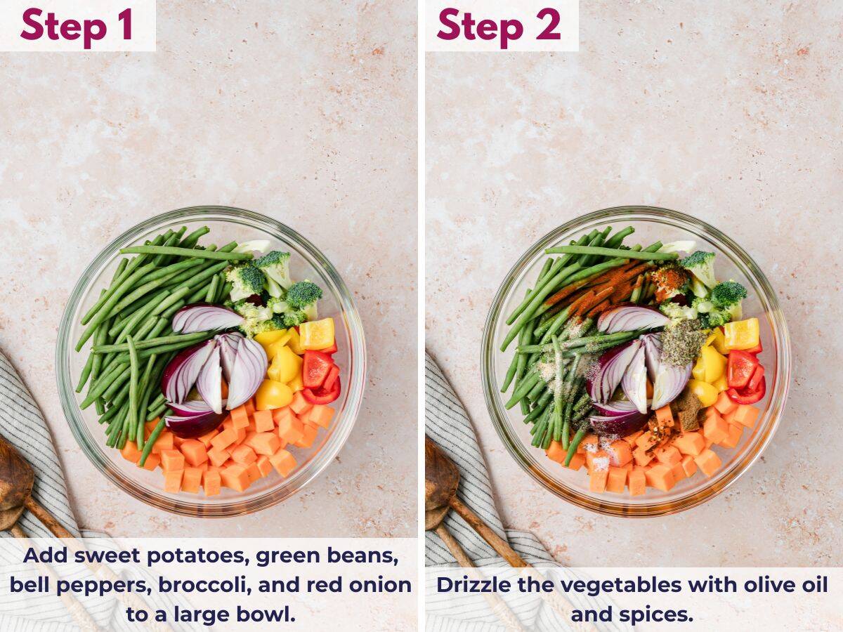 Chopped sweet potatoes, green beans, bell peppers, broccoli, and red onion in a large mixing bowl before seasoning; Vegetables in a large bowl drizzled with olive oil and sprinkled with spices, being tossed to coat evenly