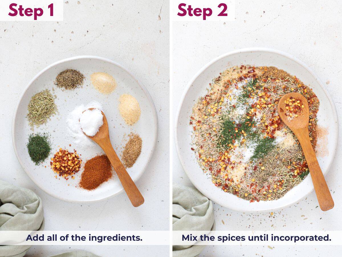 Steak seasoning ingredients added to an airtight container and mixed until evenly combined