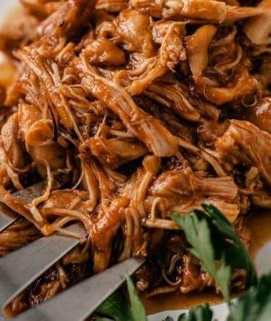 Tender, juicy pulled BBQ chicken in a plate