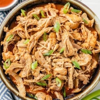 Spicy, juicy buffalo chicken in a bowl, made with just five simple ingredients