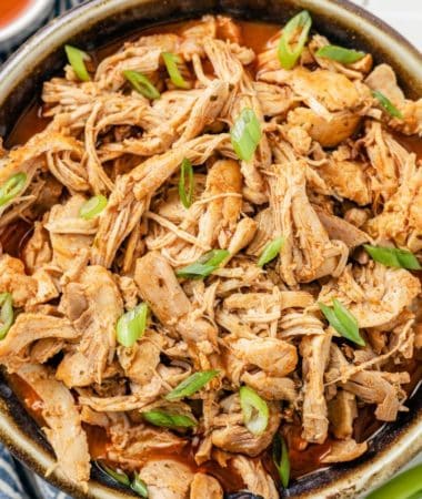 Spicy, juicy buffalo chicken in a bowl, made with just five simple ingredients
