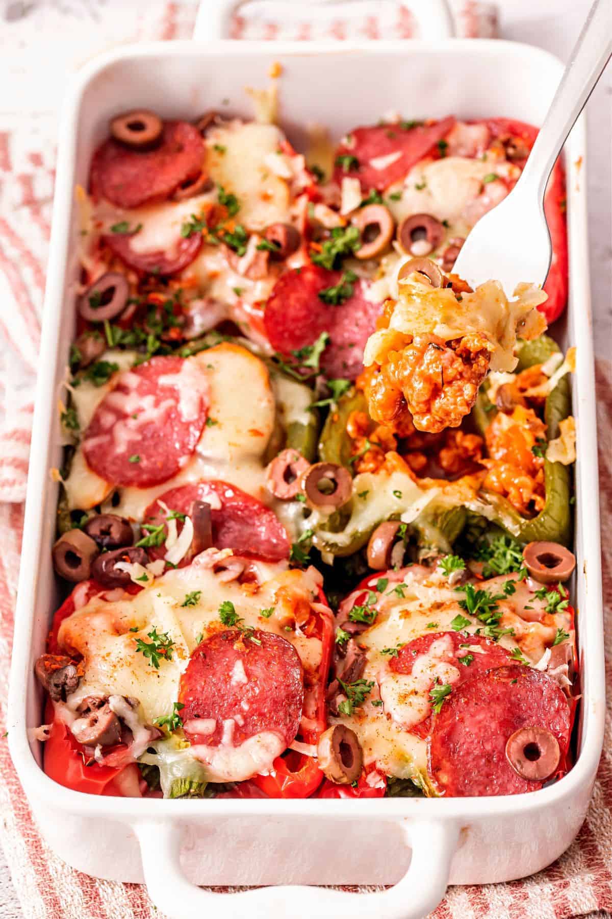 Comfort food stuffed peppers with Italian sausage and pizza toppings