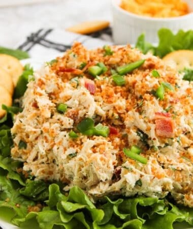 Homemade jalapeño chicken salad with cream cheese, mayo, bacon, and cheddar