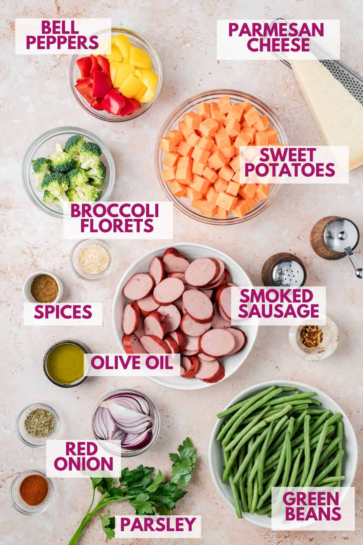 ingredients to make sheet pan sausages and veggies
