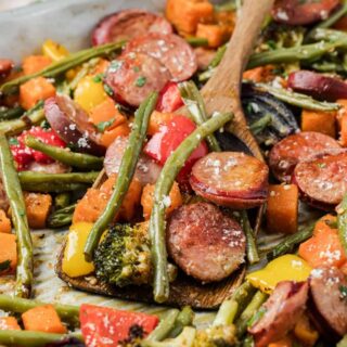 Easy oven roasted sausage and veggies meal prep style on baking tray