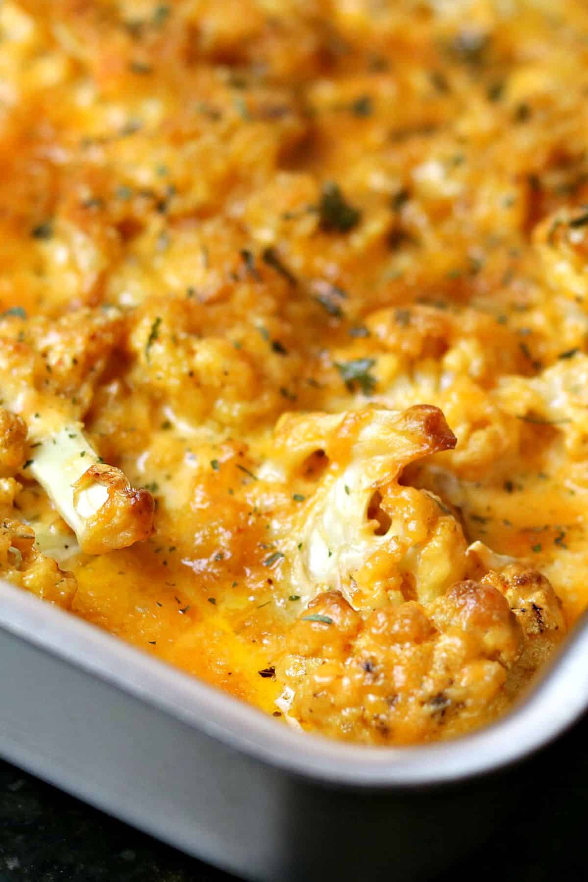 southern cauliflower Mac and cheese in a baking dish