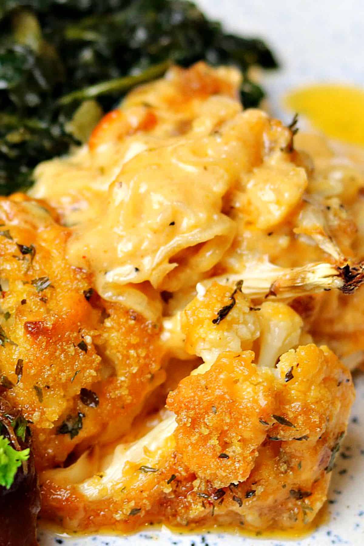 baked cauliflower Mac and cheese on a plate