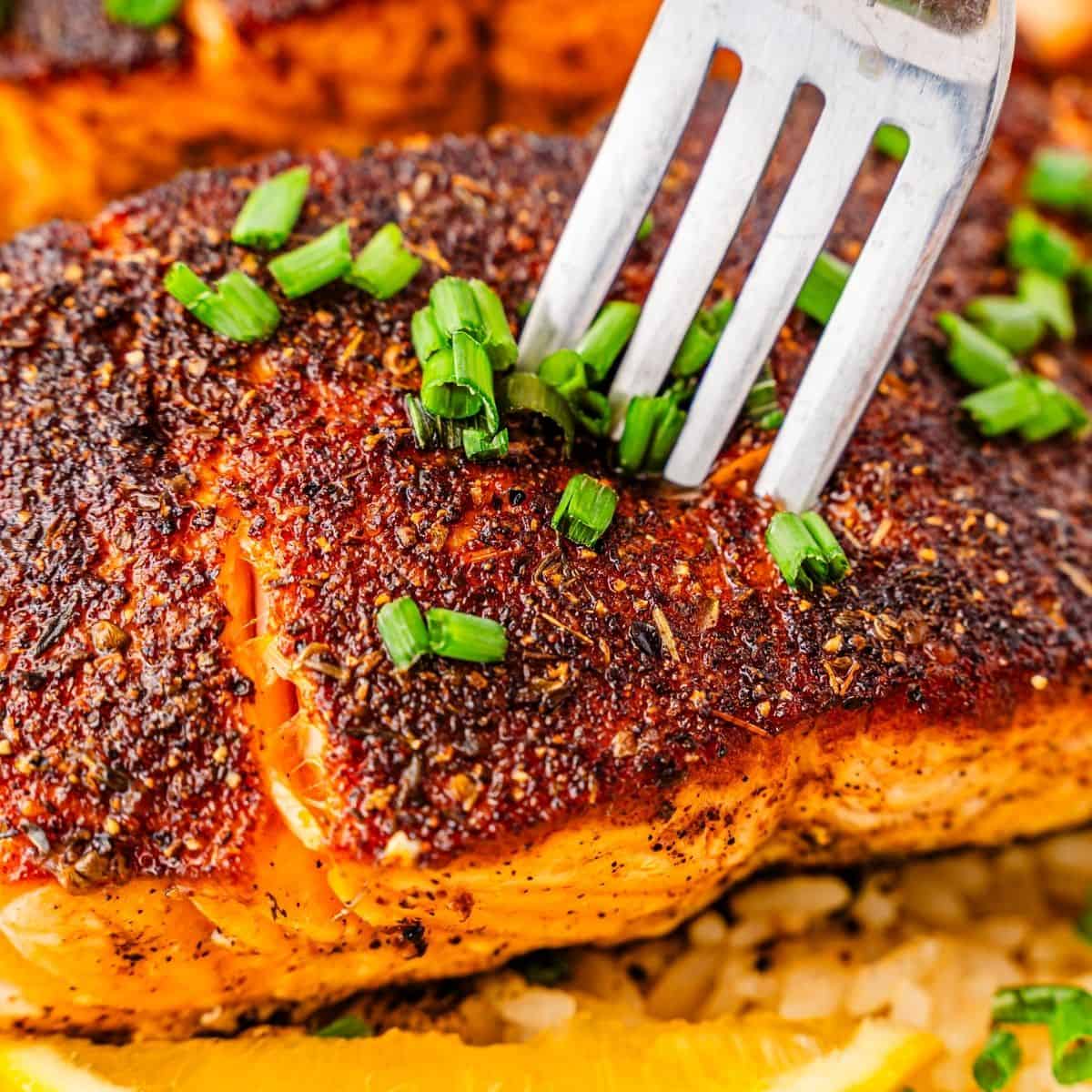 Restaurant-style blackened salmon with charred crust and juicy center