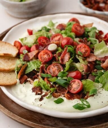 Colorful party dip featuring BLT flavors, creamy base, and crunchy bacon topping