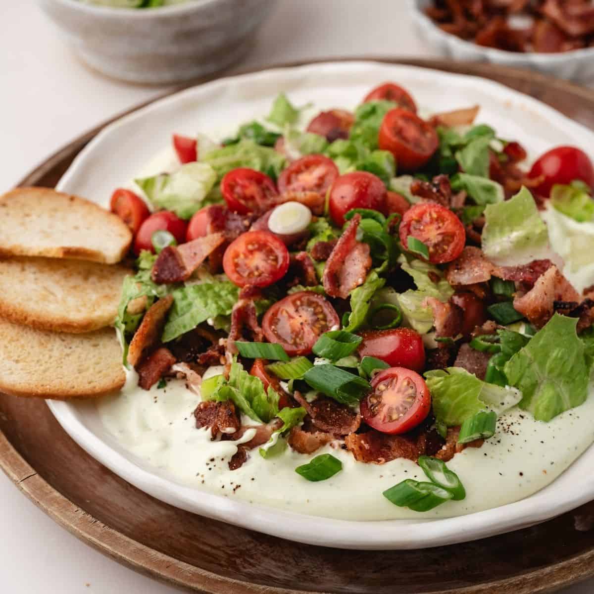 Colorful party dip featuring BLT flavors, creamy base, and crunchy bacon topping