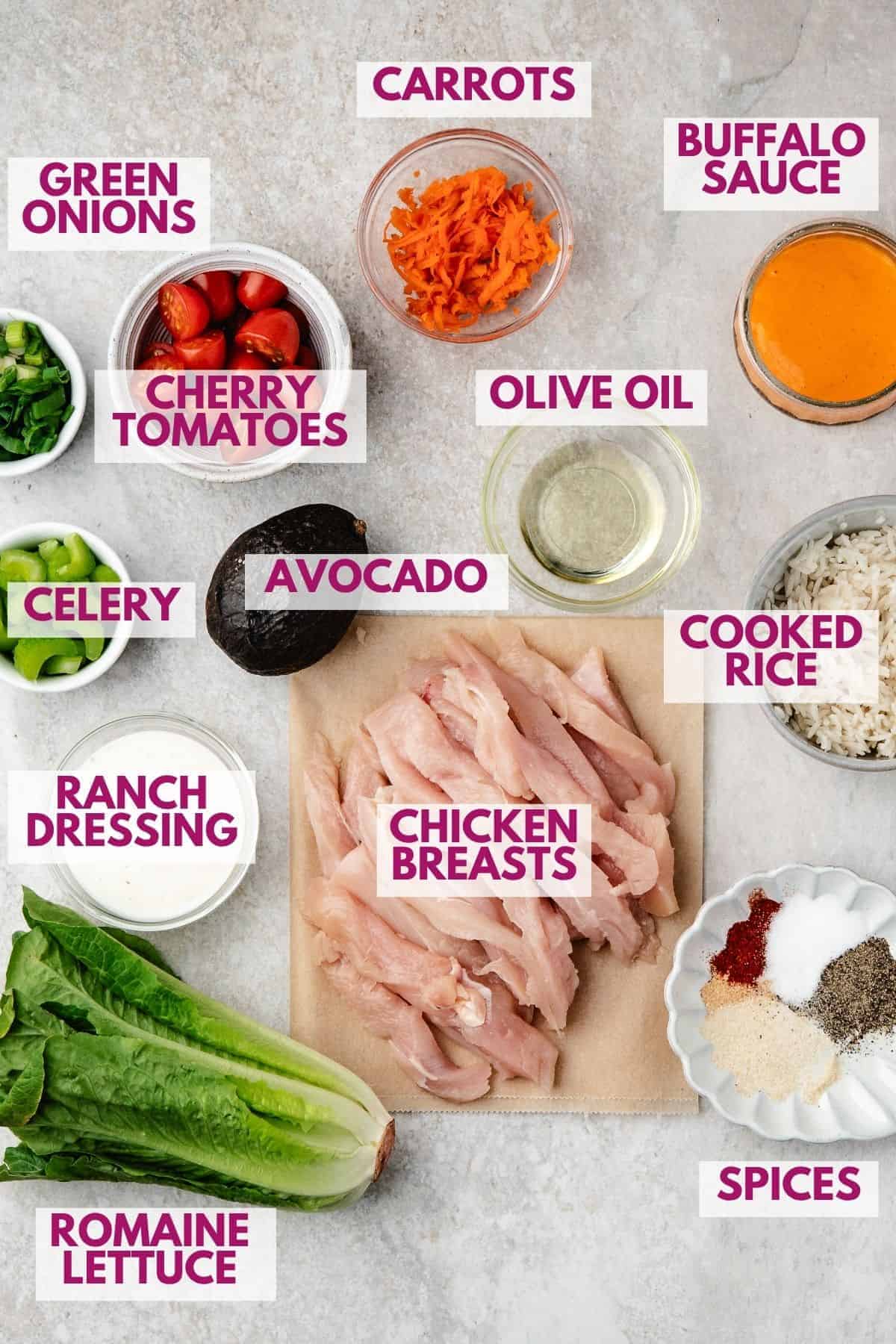 ingredients to make buffalo chicken bowls