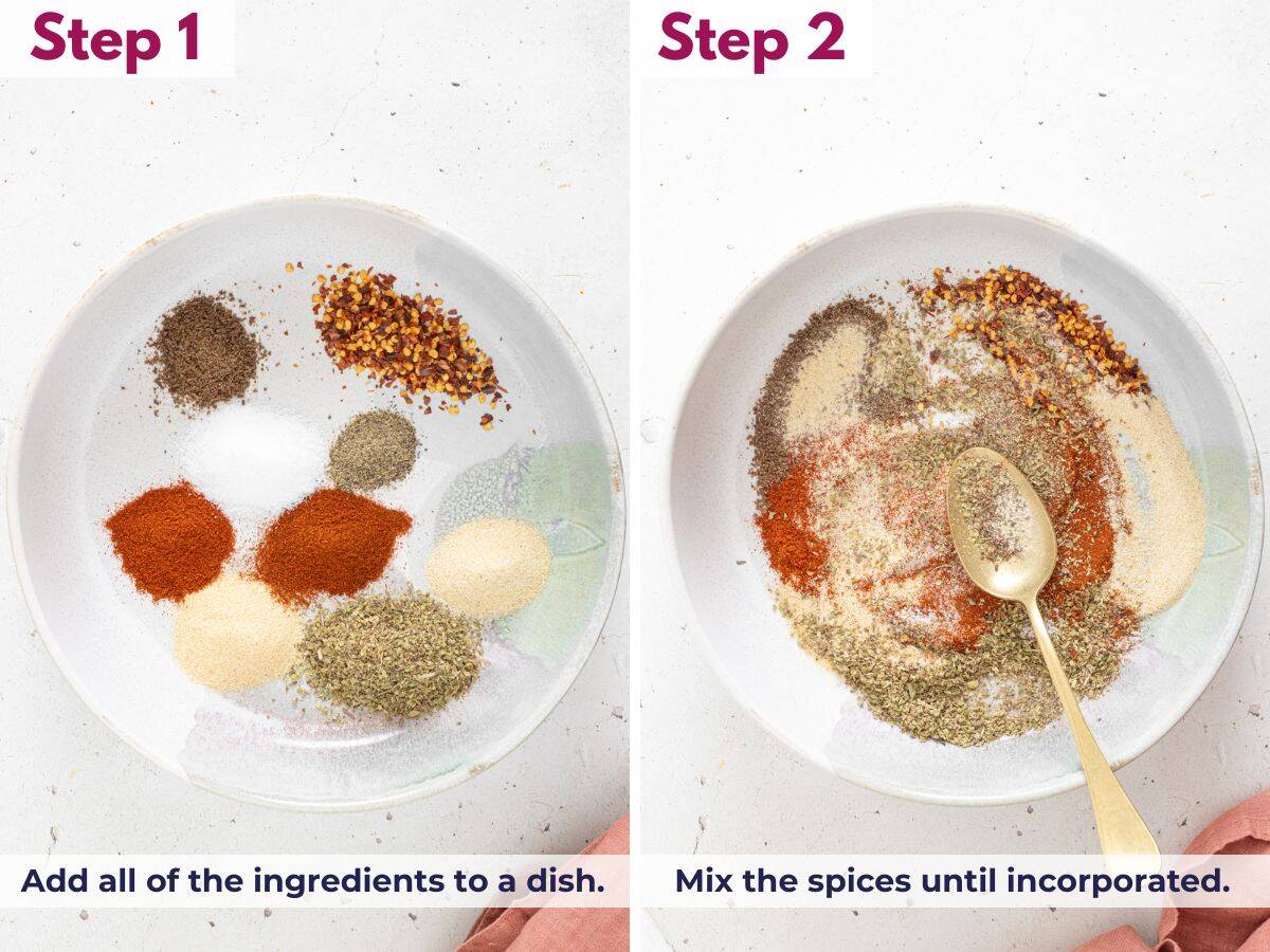 Adding all ingredients to a dish and mixing the spices until fully incorporated to make fajita seasoning