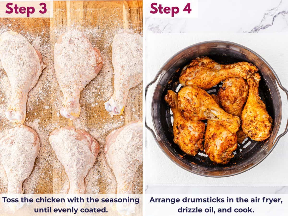 Seasoned chicken drumsticks arranged in a single layer in an air fryer basket with olive oil, ready to cook until golden and crispy