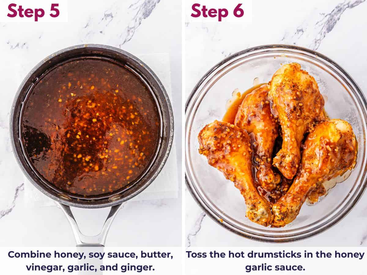 Honey garlic sauce simmering in a saucepan with honey, soy sauce, butter, vinegar, garlic, and ginger before coating crispy chicken drumsticks