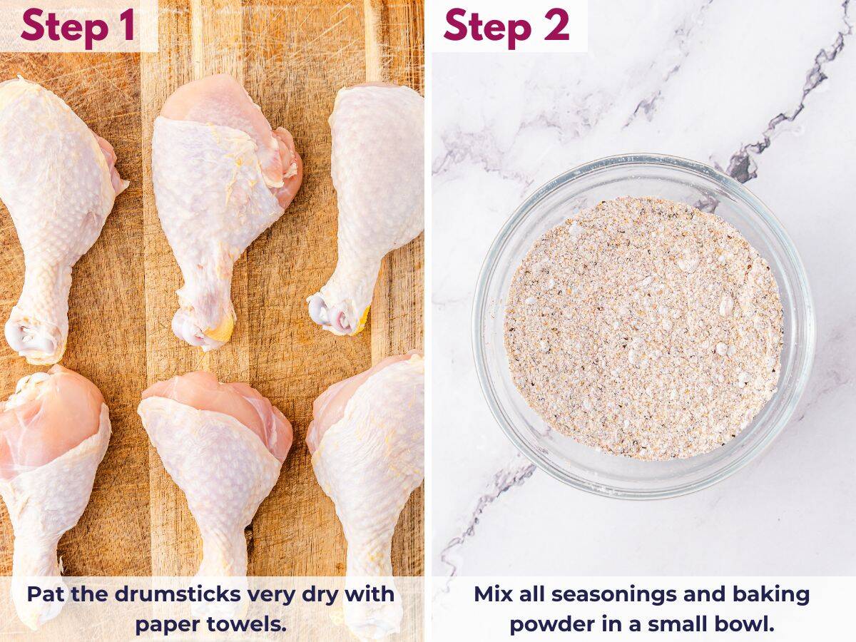 Chicken drumsticks being patted dry with paper towels and seasoned with salt, pepper, smoked paprika, garlic powder, onion powder, and baking powder before cooking