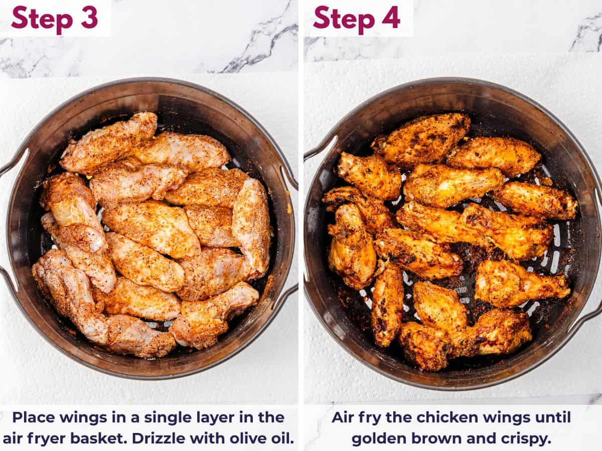 Chicken wings arranged in a single layer in an air fryer basket, drizzled with olive oil before cooking until crispy and golden brown