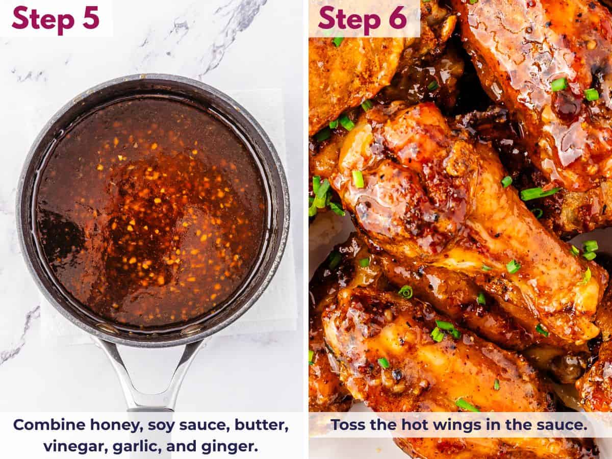 Honey garlic sauce simmering in a small saucepan with honey, soy sauce, butter, vinegar, ginger, and garlic before tossing with crispy chicken wings