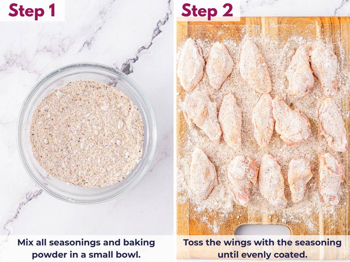 Bowl of chicken wings being tossed with salt, pepper, smoked paprika, garlic powder, onion powder, and baking powder seasoning before air frying