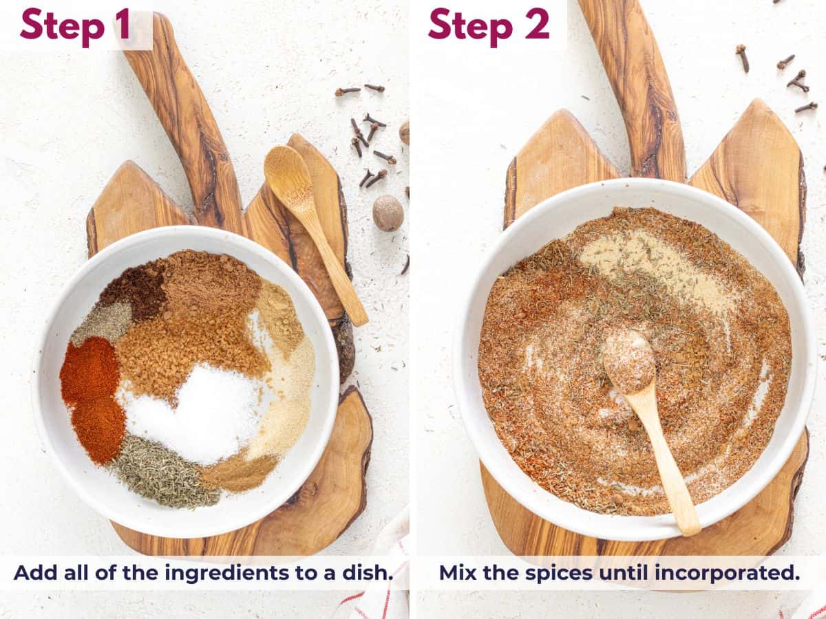 ingredients added to a hollow dish, being mixed together to make Jamaican jerk seasoning