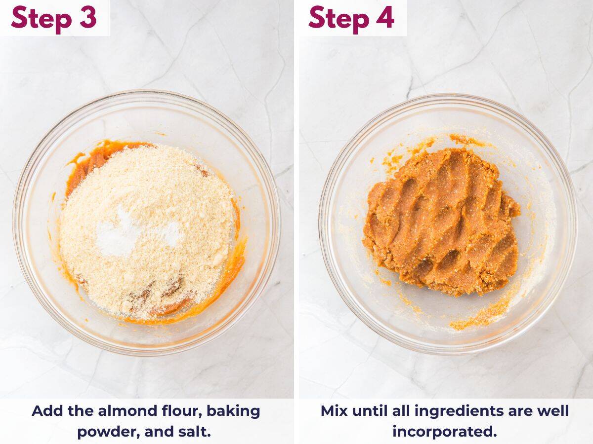 Almond flour, baking powder, and salt added to the bowl and mixed until fully incorporated