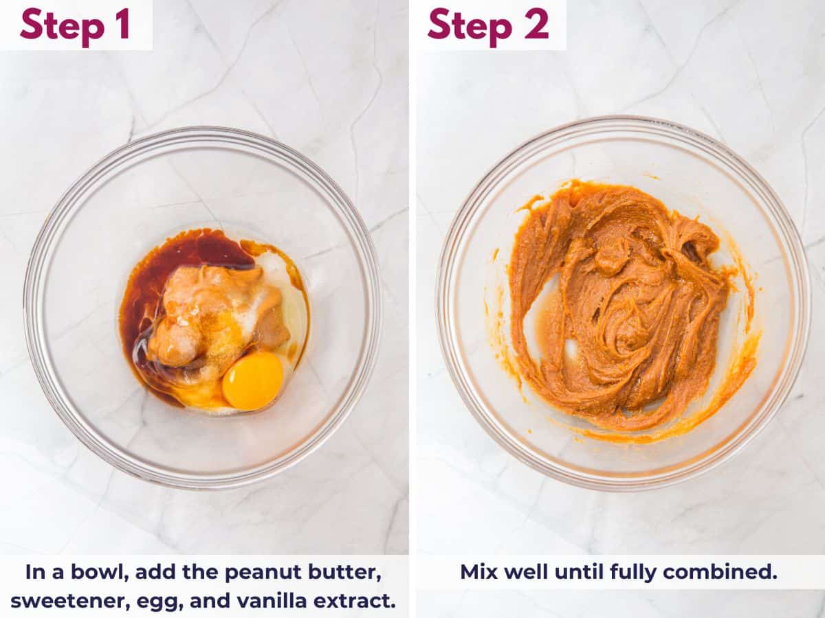 Peanut butter, sweetener, egg, and vanilla mixed in a bowl and stirred until fully combined