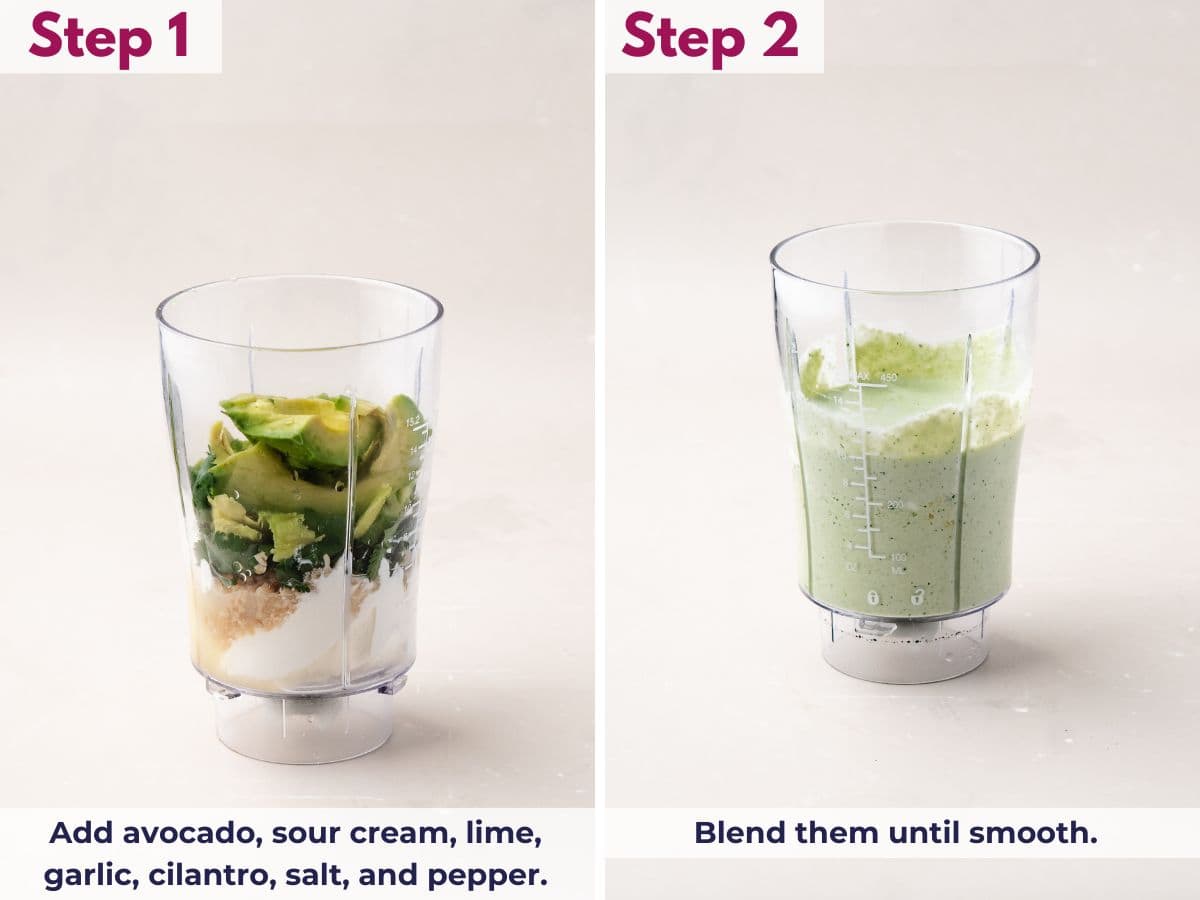 Adding avocado, sour cream, lime, garlic, cilantro, salt, and pepper to a blender and blending until smooth