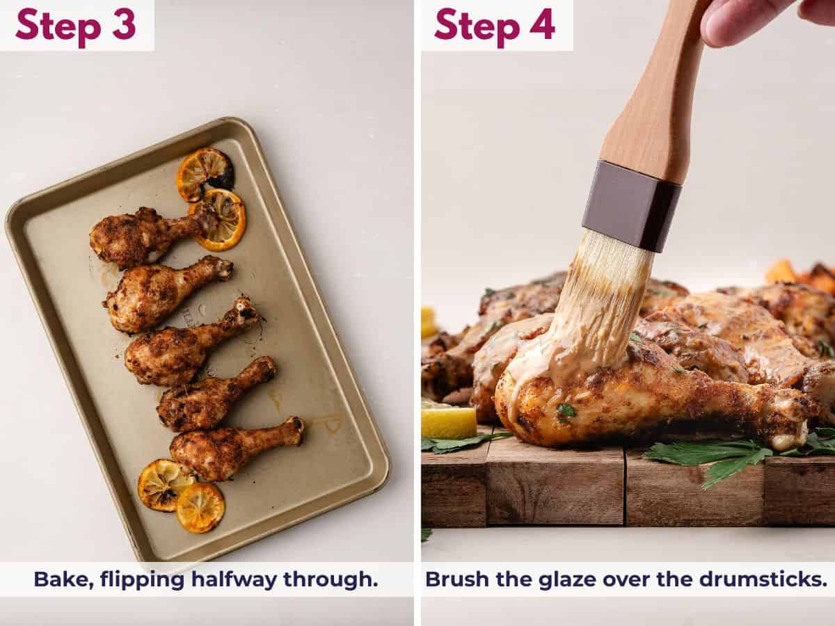 Baked chicken drumsticks being brushed with maple Dijon glaze, nearing caramelized golden perfection