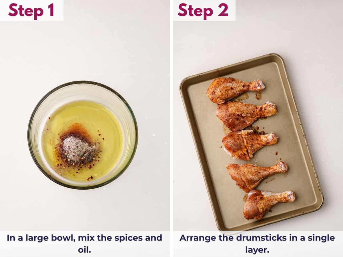 Raw chicken drumsticks being coated in a spice and oil mixture, arranged on a parchment-lined baking sheet or wire rack for even baking