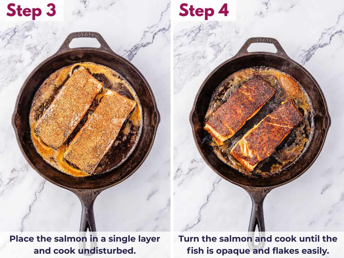 Salmon fillets cooking in a single layer, seared until a deep crust forms, then flipped and finished until opaque and flaky
