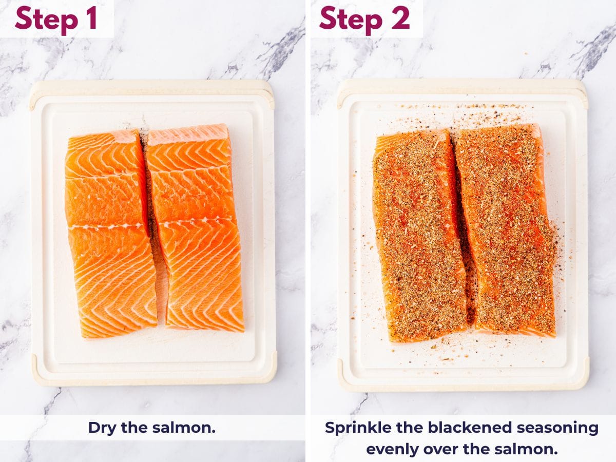 Salmon fillets patted dry on a cutting board and coated with blackened seasoning