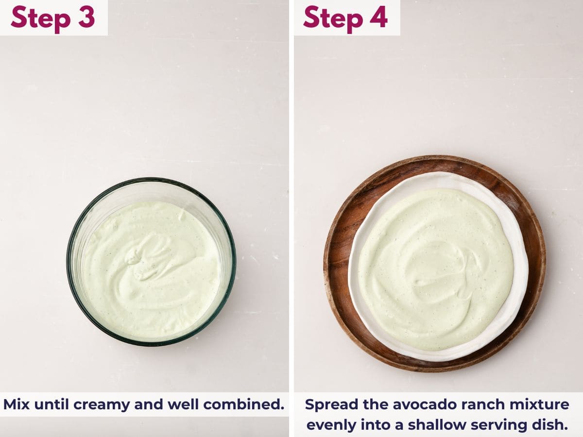 Creamy avocado ranch mixture being spread evenly into a shallow serving dish, forming the base layer for BLT dip