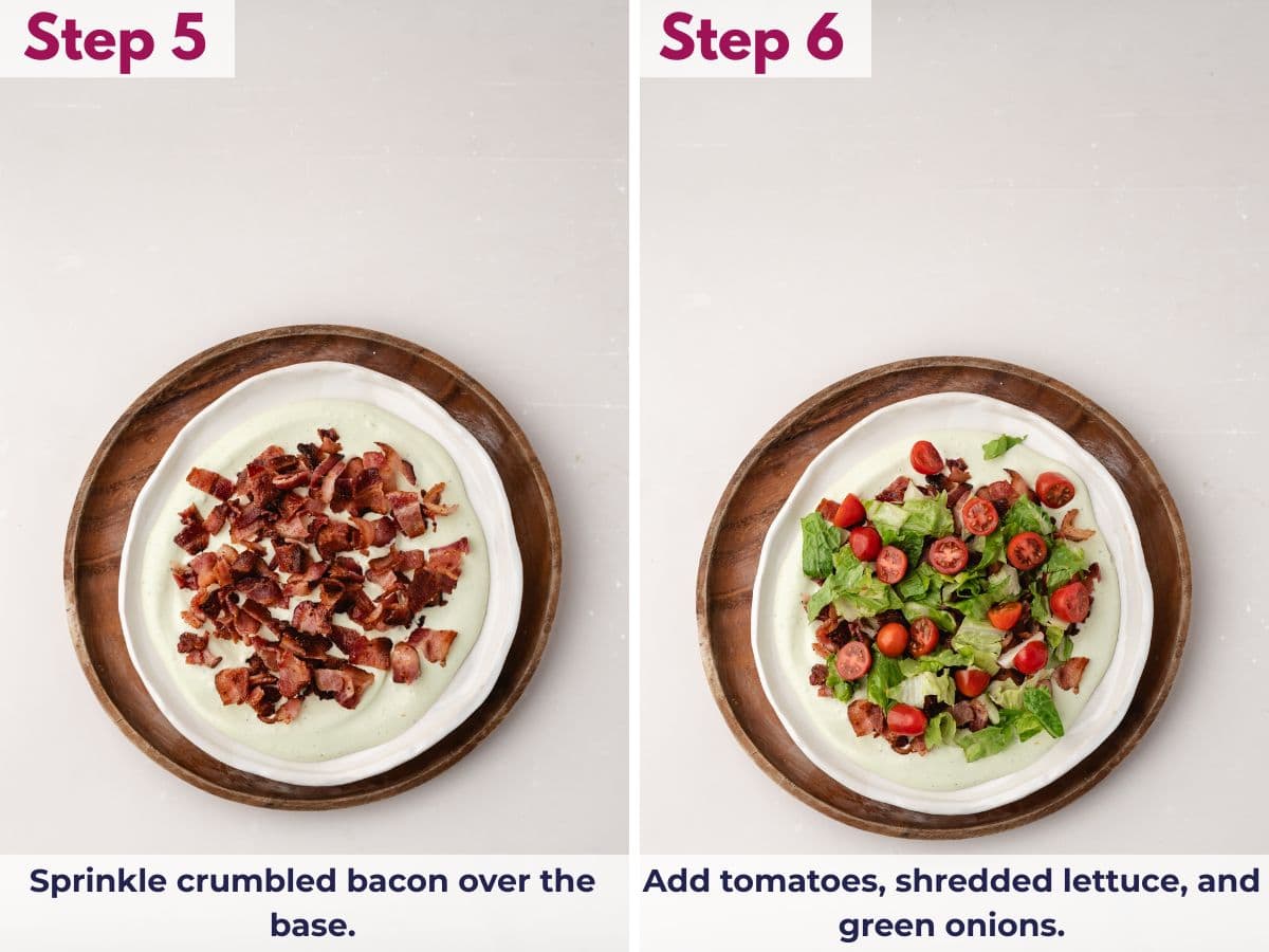 Layering BLT dip: crispy crumbled bacon sprinkled over the avocado ranch base, followed by diced tomatoes, shredded lettuce, and sliced green onions on top