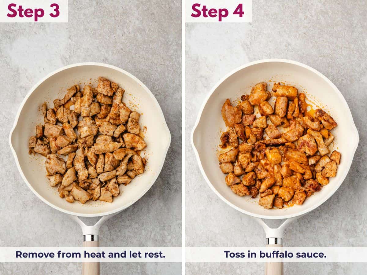 Cooked chicken resting, then tossed in buffalo sauce in a warm skillet until fully coated and glossy