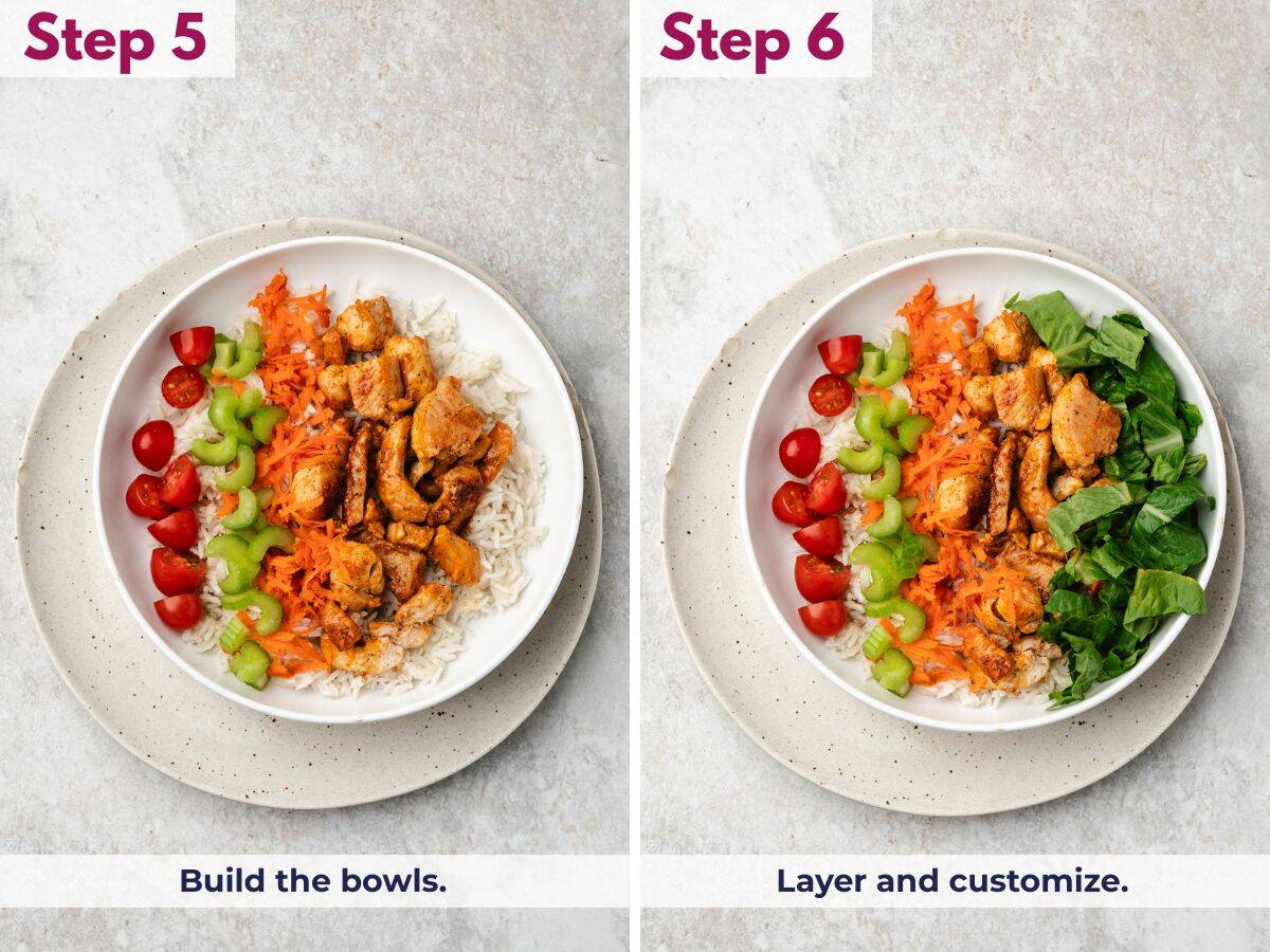 Buffalo chicken bowls being built with a base of warm rice, layered with spicy chicken, fresh lettuce, carrots, celery, tomatoes, and drizzled with ranch or blue cheese, finished with crumbled cheese