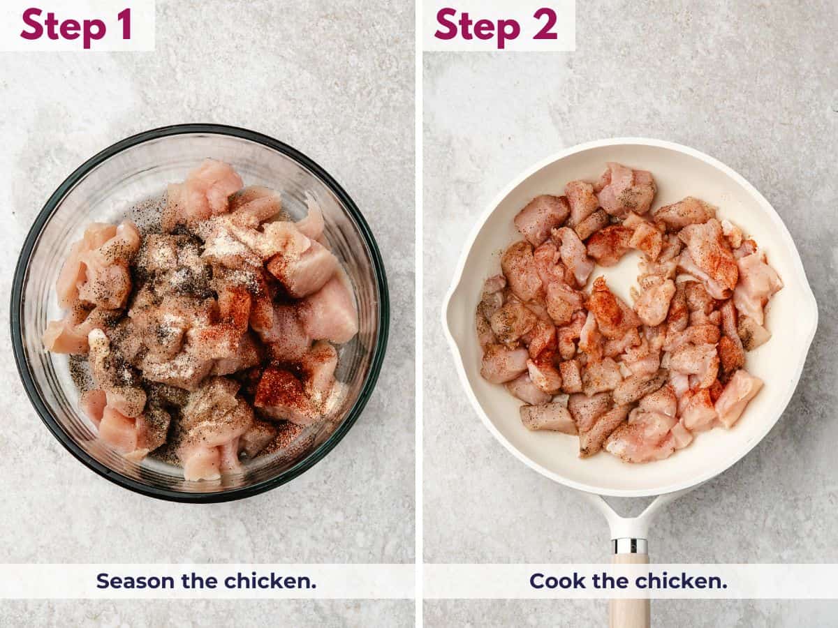 Seasoned chicken breasts tossed with olive oil, garlic powder, smoked paprika, onion powder, salt, and pepper, cooking golden in a skillet over medium heat