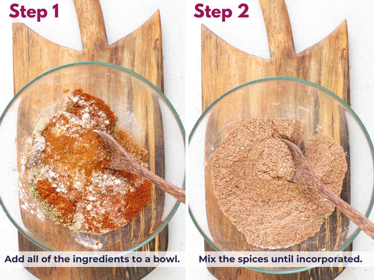 All ingredients added to an airtight container and mixed thoroughly to create a well-combined chicken taco seasoning blend