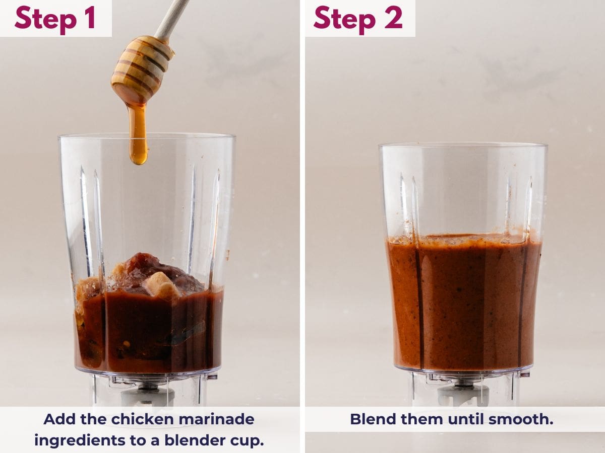 Chicken marinade ingredients added to a blender cup, being blended until smooth for chipotle chicken
