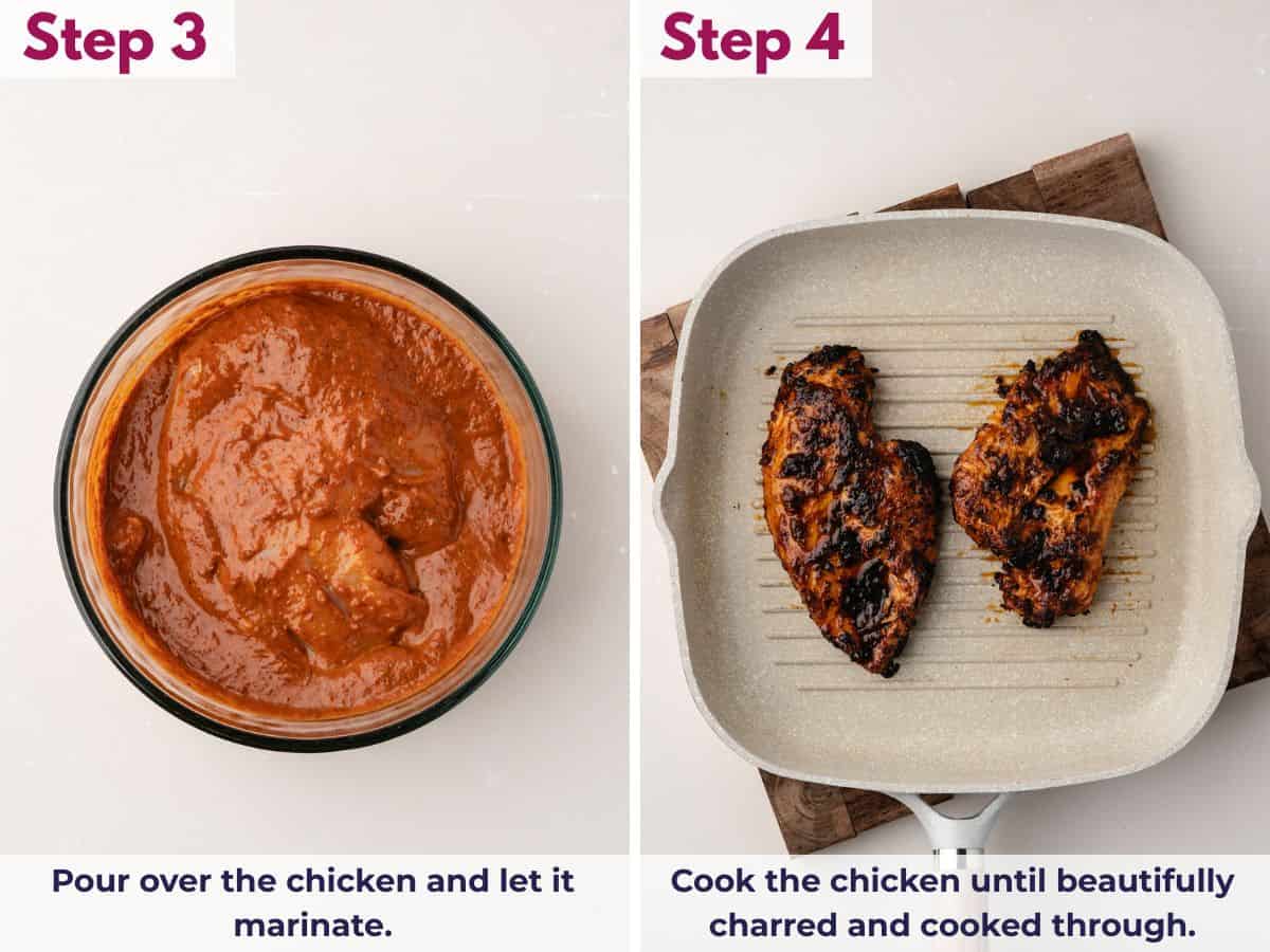 Chipotle marinade poured over chicken, then grilled or seared until charred and fully cooked through