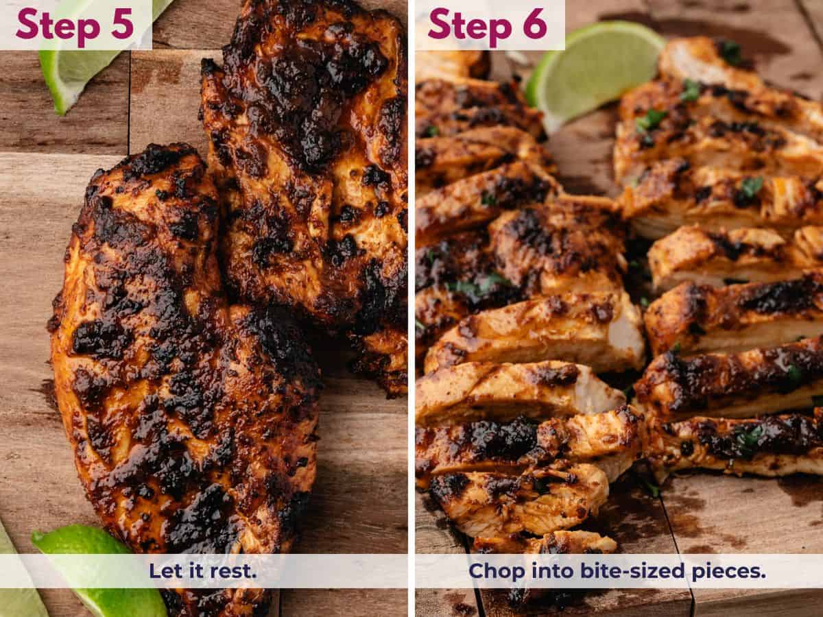 Cooked chipotle chicken resting and chopped into bite-sized pieces
